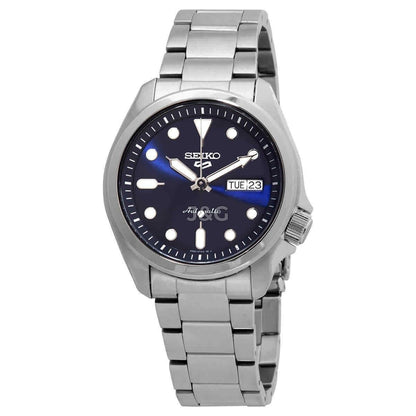 Seiko 5 Sports Automatic movement Blue Stainless steel Male SRPE53K1. A brand-new Seiko 5 Sports watch featuring a Blue dial and a Stainless steel strap. Front view. - view 3