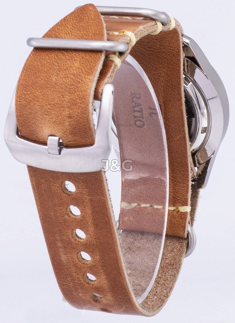 Seiko 5 Sports Automatic movement White Leather Male SNZG11K1-var-LS18. A brand-new Seiko 5 Sports watch featuring a White dial and a Leather strap. Angled view. - view 4