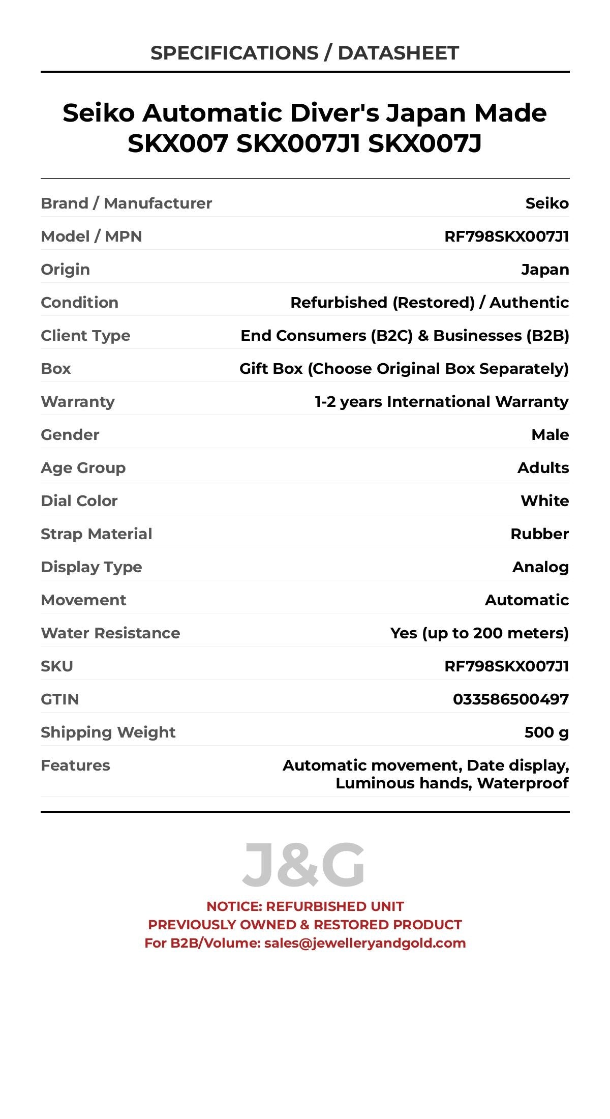 Seiko Automatic Diver's Japan Made SKX007 SKX007J1 SKX007J. A professionally refurbished Seiko watch featuring a White dial and a Rubber strap. Side view. - MAIN_PH