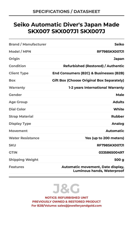 Seiko Automatic Diver's Japan Made SKX007 SKX007J1 SKX007J. A professionally refurbished Seiko watch featuring a White dial and a Rubber strap. Side view. - MAIN_PH