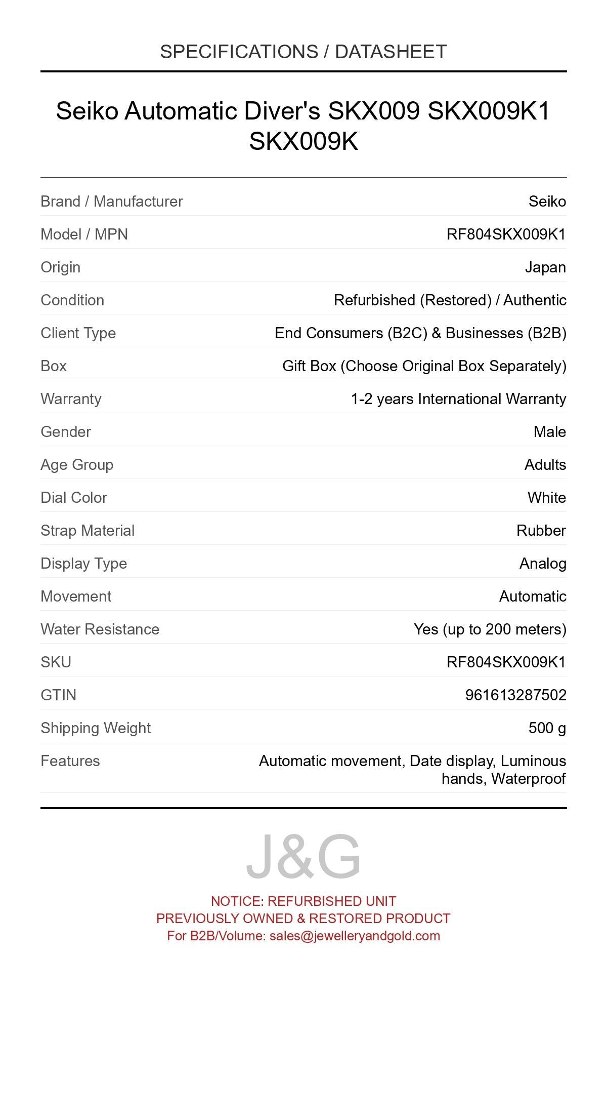 Seiko Automatic Diver's SKX009 SKX009K1 SKX009K. A professionally refurbished Seiko watch featuring a White dial and a Rubber strap. Front view. - MAIN_PH