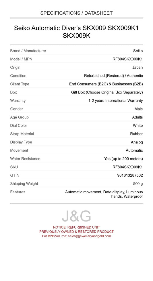 Seiko Automatic Diver's SKX009 SKX009K1 SKX009K. A professionally refurbished Seiko watch featuring a White dial and a Rubber strap. Front view. - MAIN_PH