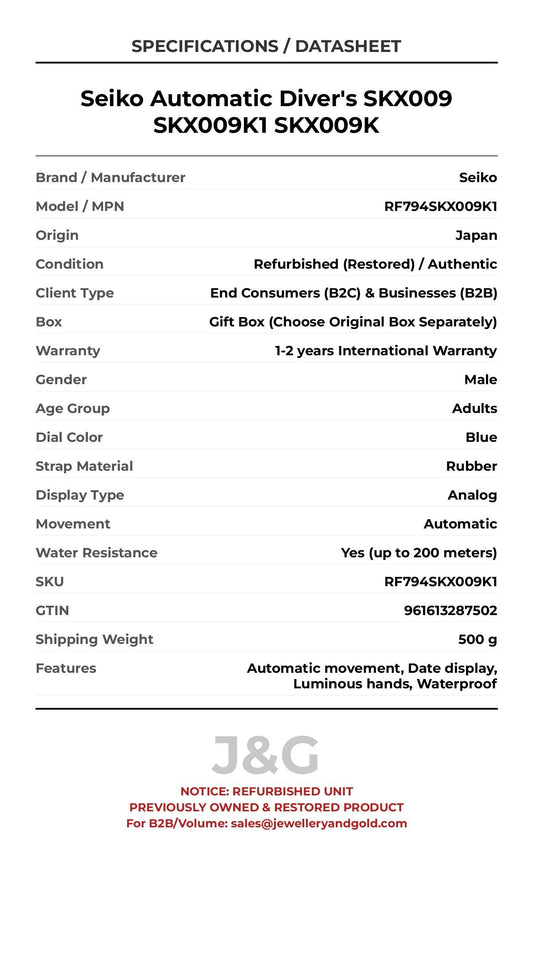 Seiko Automatic Diver's SKX009 SKX009K1 SKX009K. A professionally refurbished Seiko watch featuring a Blue dial and a Rubber strap. Side view. - MAIN_PH