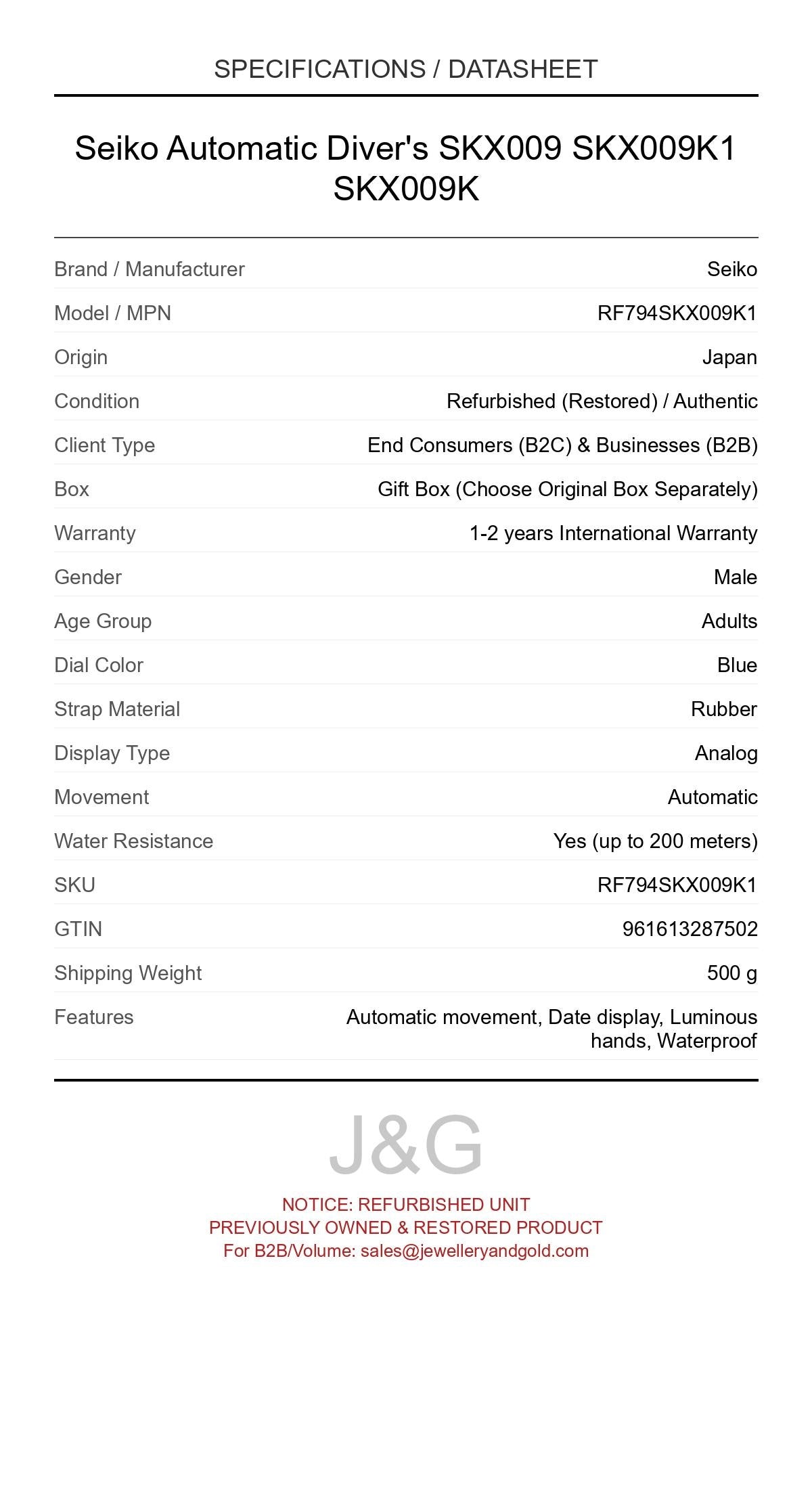Seiko Automatic Diver's SKX009 SKX009K1 SKX009K. A professionally refurbished Seiko watch featuring a Blue dial and a Rubber strap. Front view. - MAIN_PH