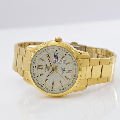 Seiko Automatic movement Gold Tone Stainless steel Male SNKP20K1. A brand-new Seiko watch featuring a Gold Tone dial and a Stainless steel strap. Front view. - view 3
