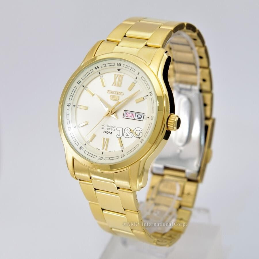 Seiko Automatic movement Gold Tone Stainless steel Male SNKP20K1. A brand-new Seiko watch featuring a Gold Tone dial and a Stainless steel strap. Front view. - view 5