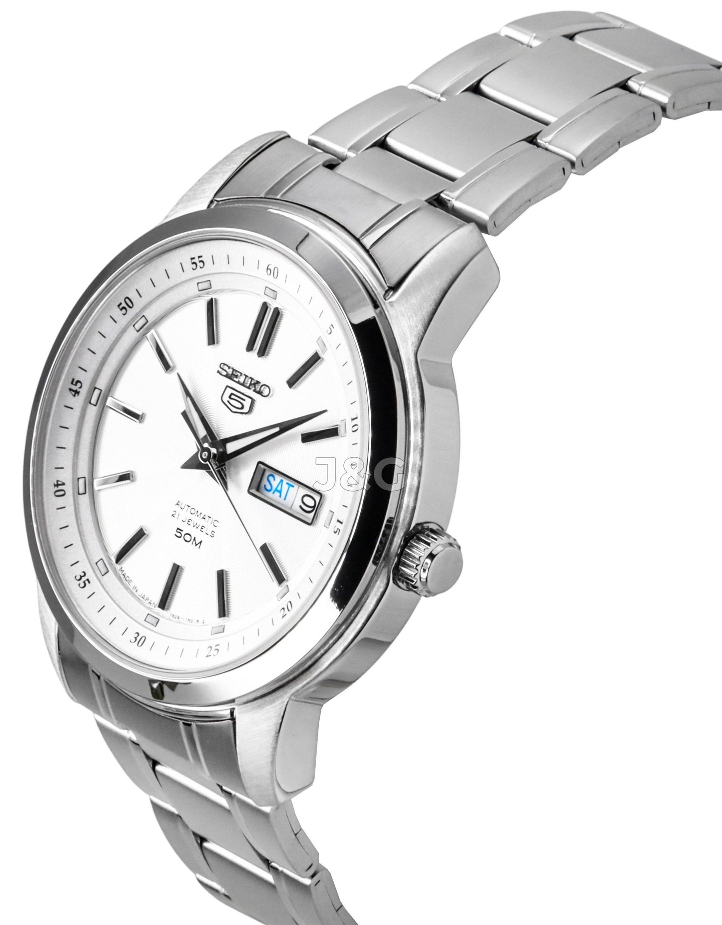 Seiko Automatic movement Silver Stainless steel Male SNKM83J1. A brand-new Seiko watch featuring a Silver dial and a Stainless steel strap. Side view. - view 3
