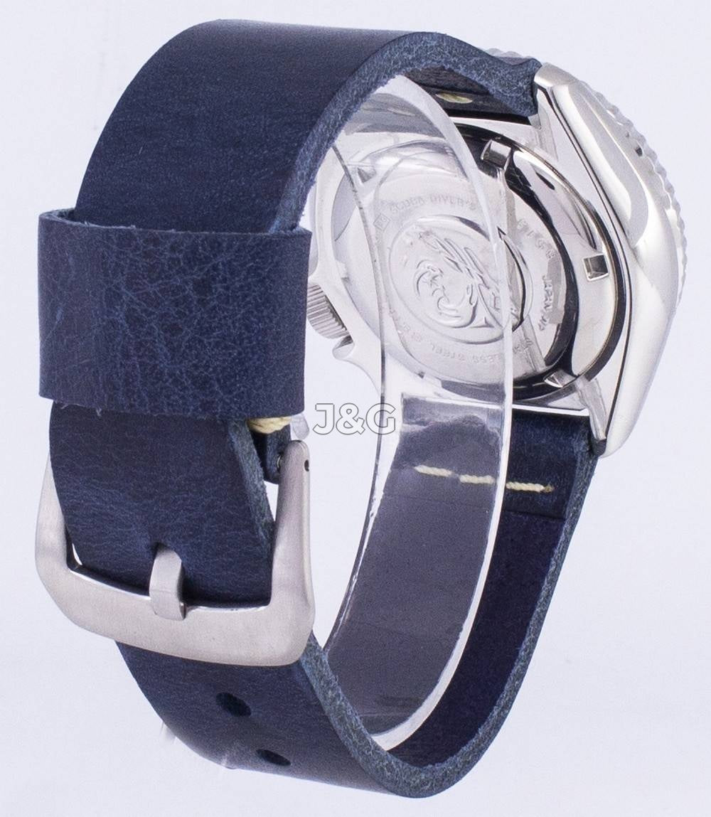 Seiko Automatic movement White Leather Male SKX009J1-var-LS15. A brand-new Seiko watch featuring a White dial and a Leather strap. Side view. - view 4