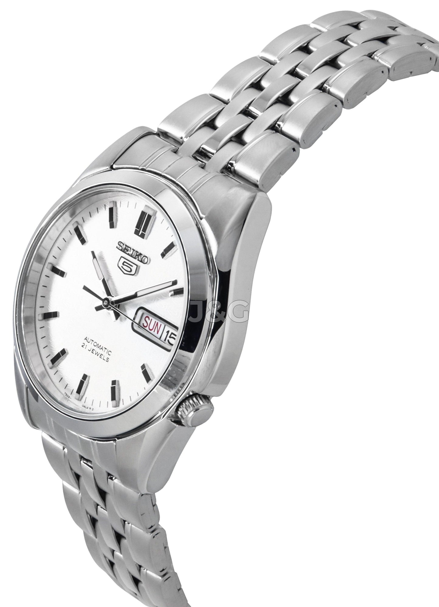 Seiko Automatic movement White Stainless steel Male SNK355K1. A brand-new Seiko watch featuring a White dial and a Stainless steel strap. Side view. - view 3