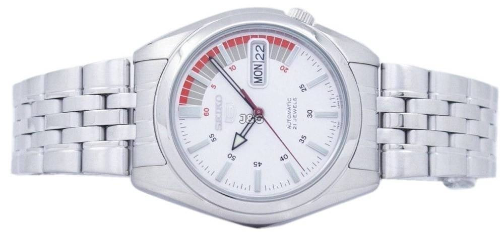 Seiko Automatic movement White Stainless steel Male SNK369K1. A brand-new Seiko watch featuring a White dial and a Stainless steel strap. Angled view. - view 5
