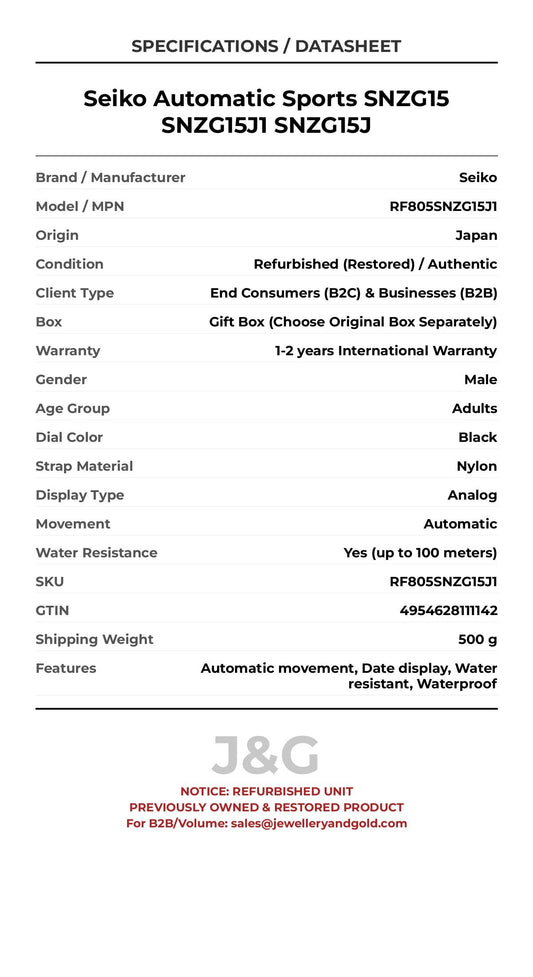 Seiko Automatic Sports SNZG15 SNZG15J1 SNZG15J. A professionally refurbished Seiko watch featuring a Black dial and a Nylon strap. Side view. - MAIN_PH