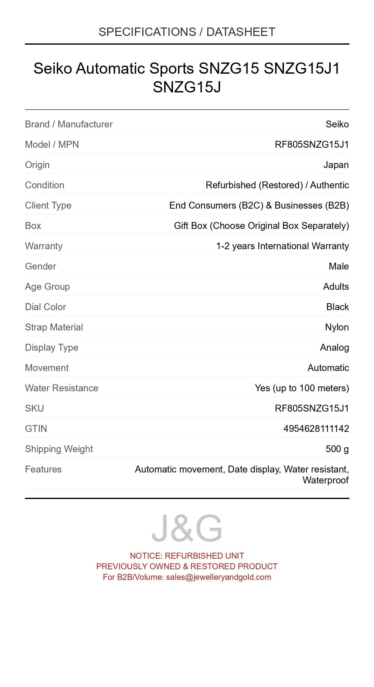 Seiko Automatic Sports SNZG15 SNZG15J1 SNZG15J. A professionally refurbished Seiko watch featuring a Black dial and a Nylon strap. Front view. - MAIN_PH