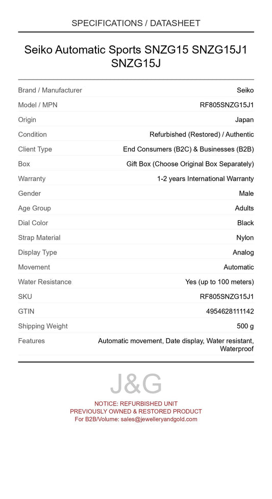 Seiko Automatic Sports SNZG15 SNZG15J1 SNZG15J. A professionally refurbished Seiko watch featuring a Black dial and a Nylon strap. Front view. - MAIN_PH