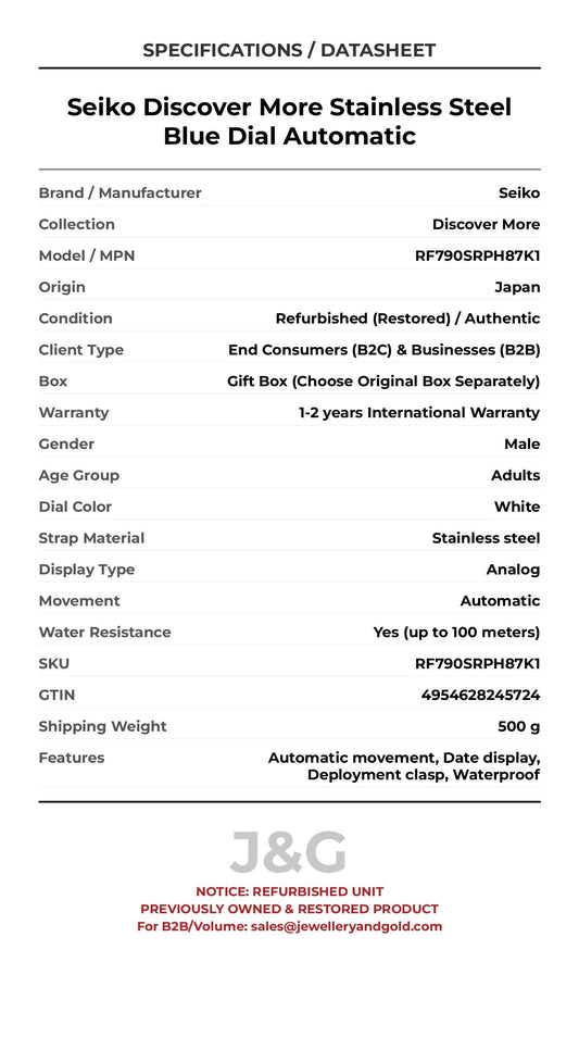 Seiko Discover More Stainless Steel Blue Dial Automatic. A professionally refurbished Seiko Discover More watch featuring a White dial and a Stainless steel strap. Front view. - MAIN_PH