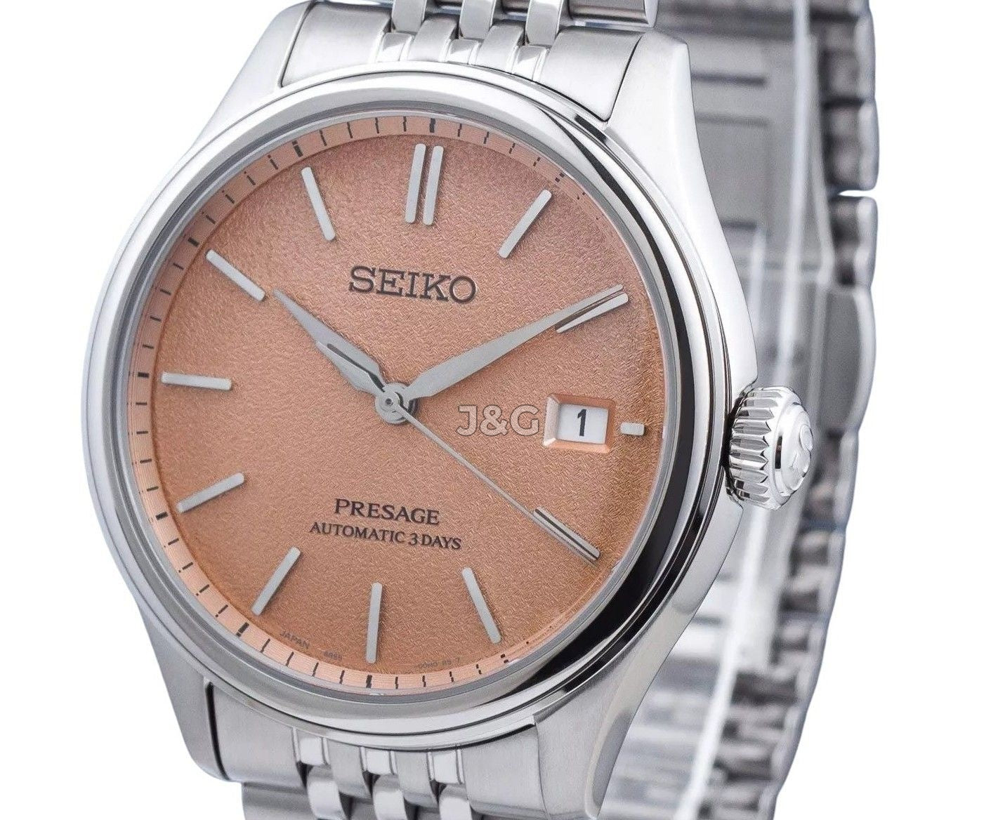 Seiko Presage Automatic movement Orange Stainless steel Male SPB467J1. A brand-new Seiko Presage watch featuring a Orange dial and a Stainless steel strap. Side view. - view 2