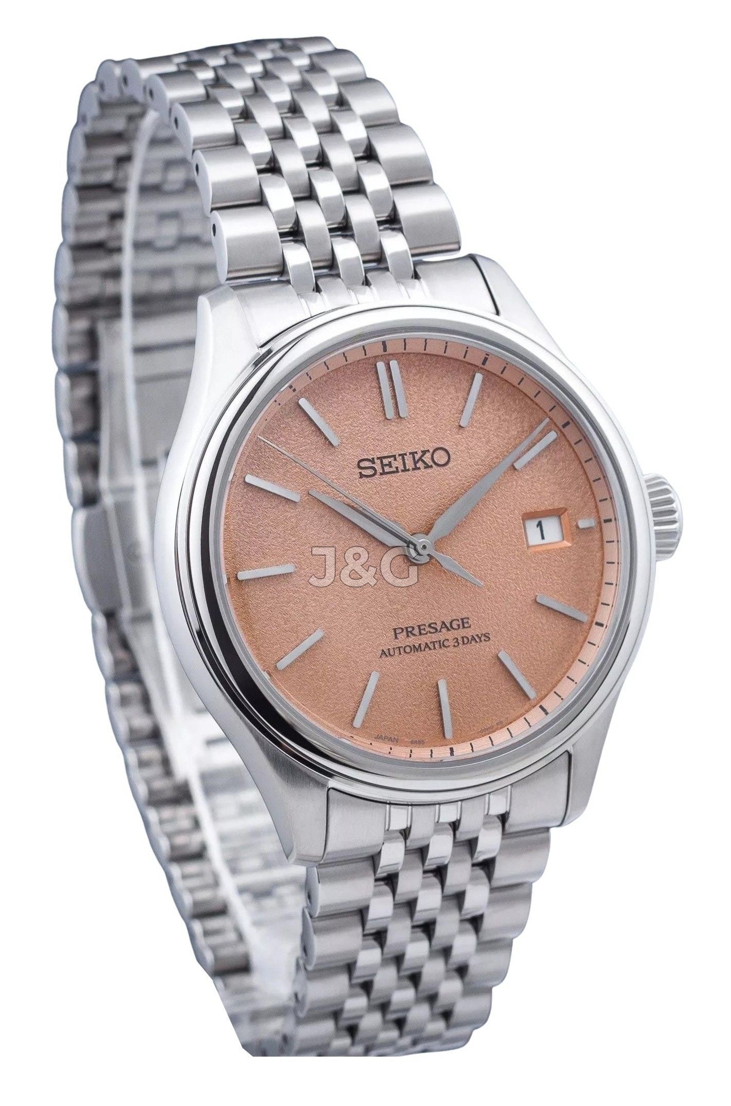 Seiko Presage Automatic movement Orange Stainless steel Male SPB467J1. A brand-new Seiko Presage watch featuring a Orange dial and a Stainless steel strap. Side view. - view 3
