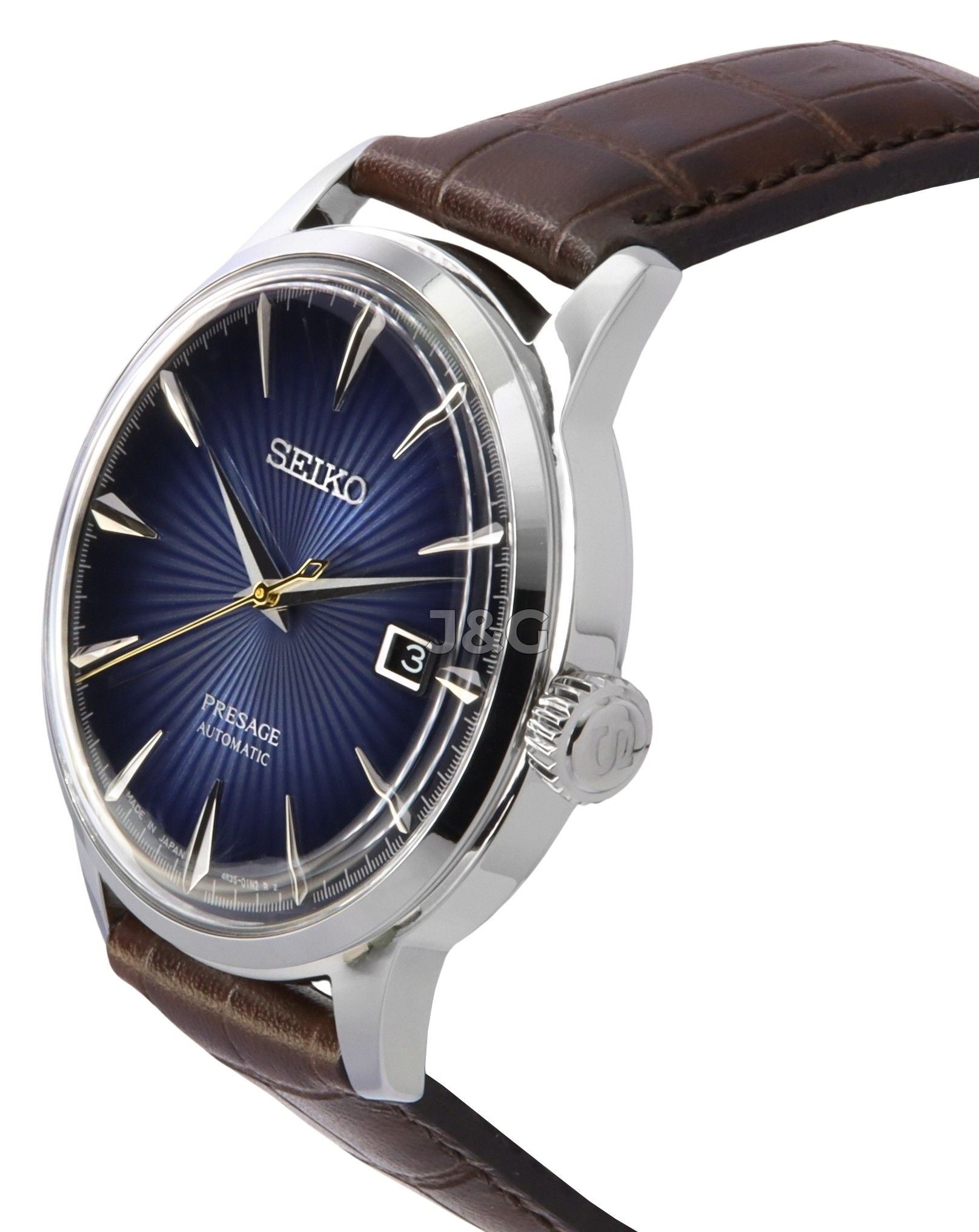 Seiko Presage Cocktail Time Automatic movement Blue Leather Male SRPK15J1. A brand-new Seiko Presage watch featuring a Blue dial and a Leather strap. Front view. - view 2