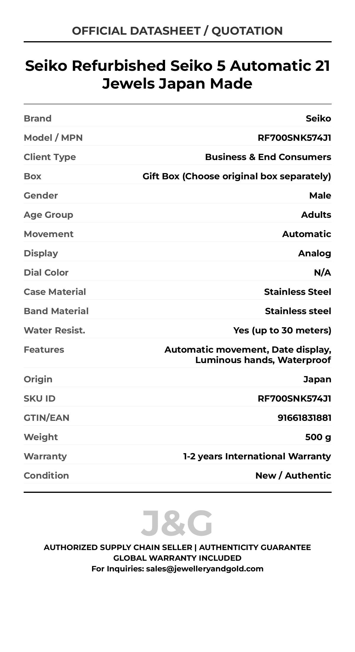 Seiko Refurbished Seiko 5 Automatic 21 Jewels Japan Made. A brand-new Seiko watch featuring a N/A dial and a Stainless steel strap. Angled view. - MAIN_PH