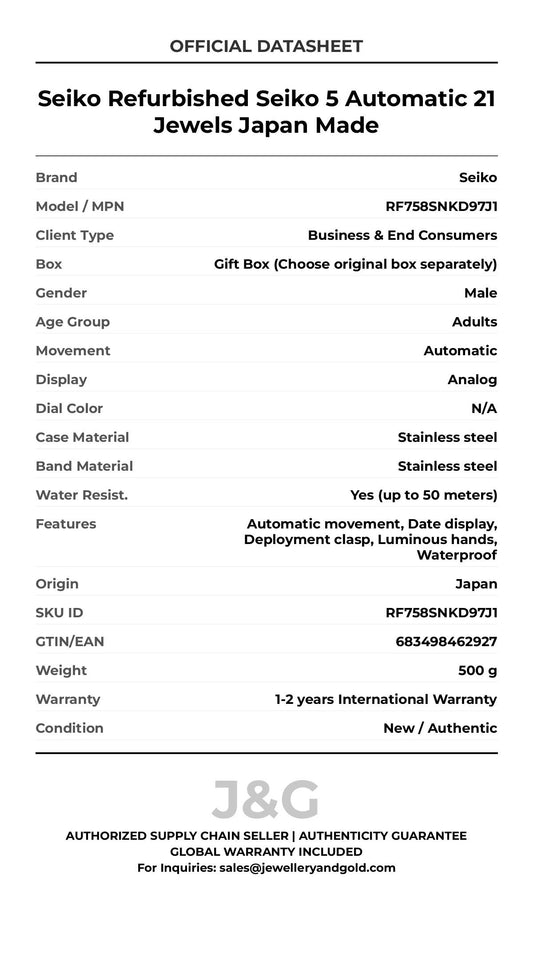 Seiko Refurbished Seiko 5 Automatic 21 Jewels Japan Made. A brand-new Seiko watch featuring a N/A dial and a Stainless steel strap. Side view. - MAIN_PH