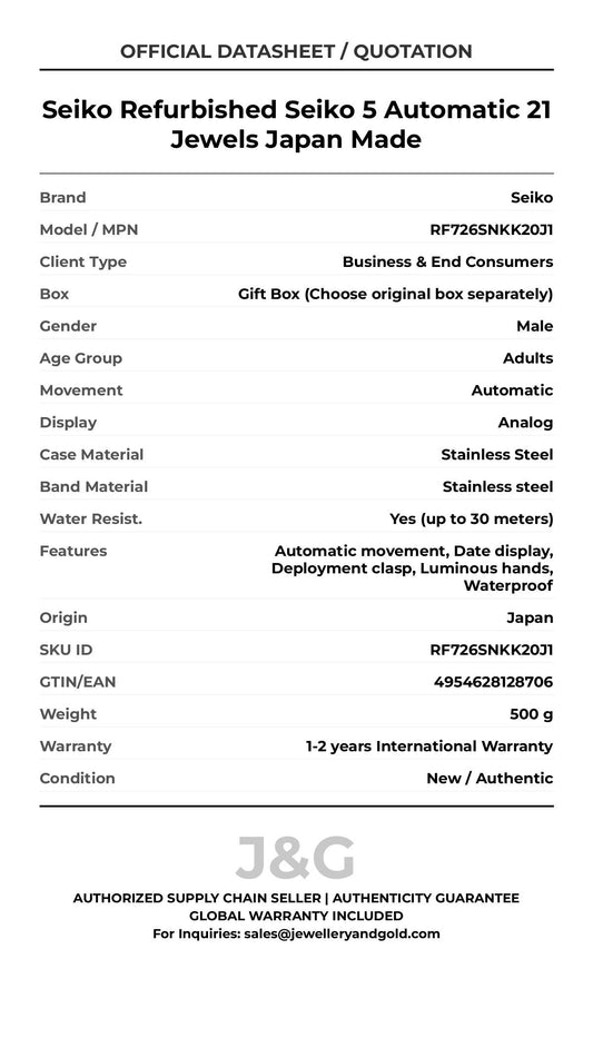 Seiko Refurbished Seiko 5 Automatic 21 Jewels Japan Made. A brand-new Seiko watch featuring a Stainless steel strap. Side view. - MAIN_PH