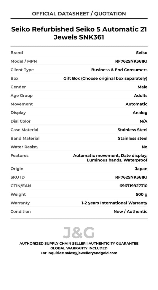 Seiko Refurbished Seiko 5 Automatic 21 Jewels SNK361. A brand-new Seiko watch featuring a N/A dial and a Stainless steel strap. Front view. - MAIN_PH