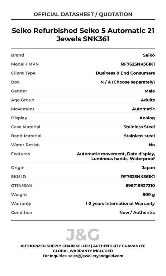 Seiko Refurbished Seiko 5 Automatic 21 Jewels SNK361. A brand-new Seiko watch featuring a Stainless steel strap. Side view. - MAIN_PH