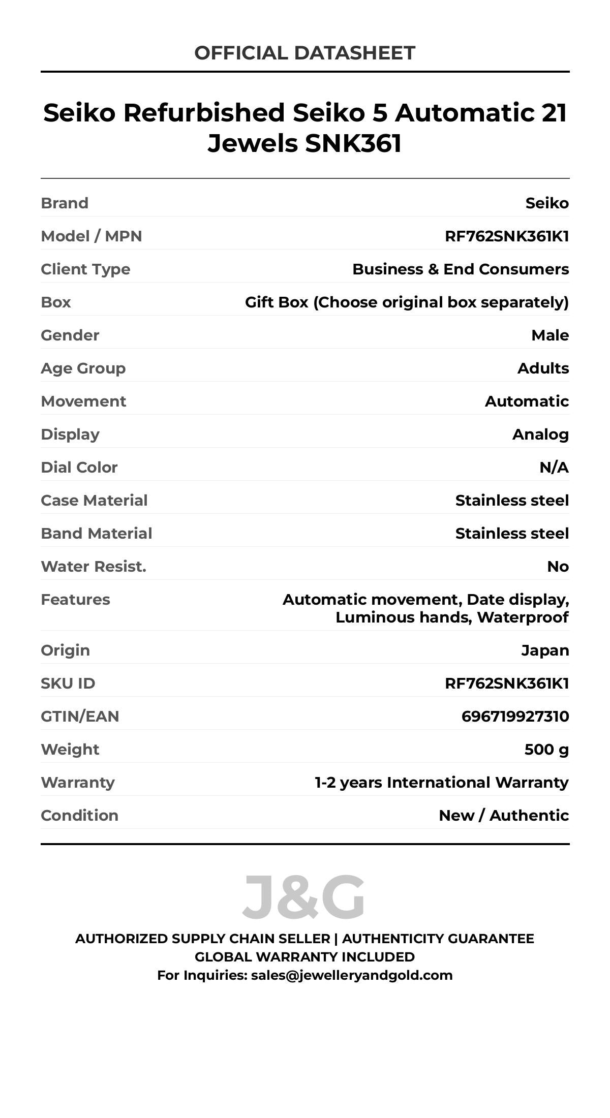 Seiko Refurbished Seiko 5 Automatic 21 Jewels SNK361. A brand-new Seiko watch featuring a N/A dial and a Stainless steel strap. Angled view. - MAIN_PH