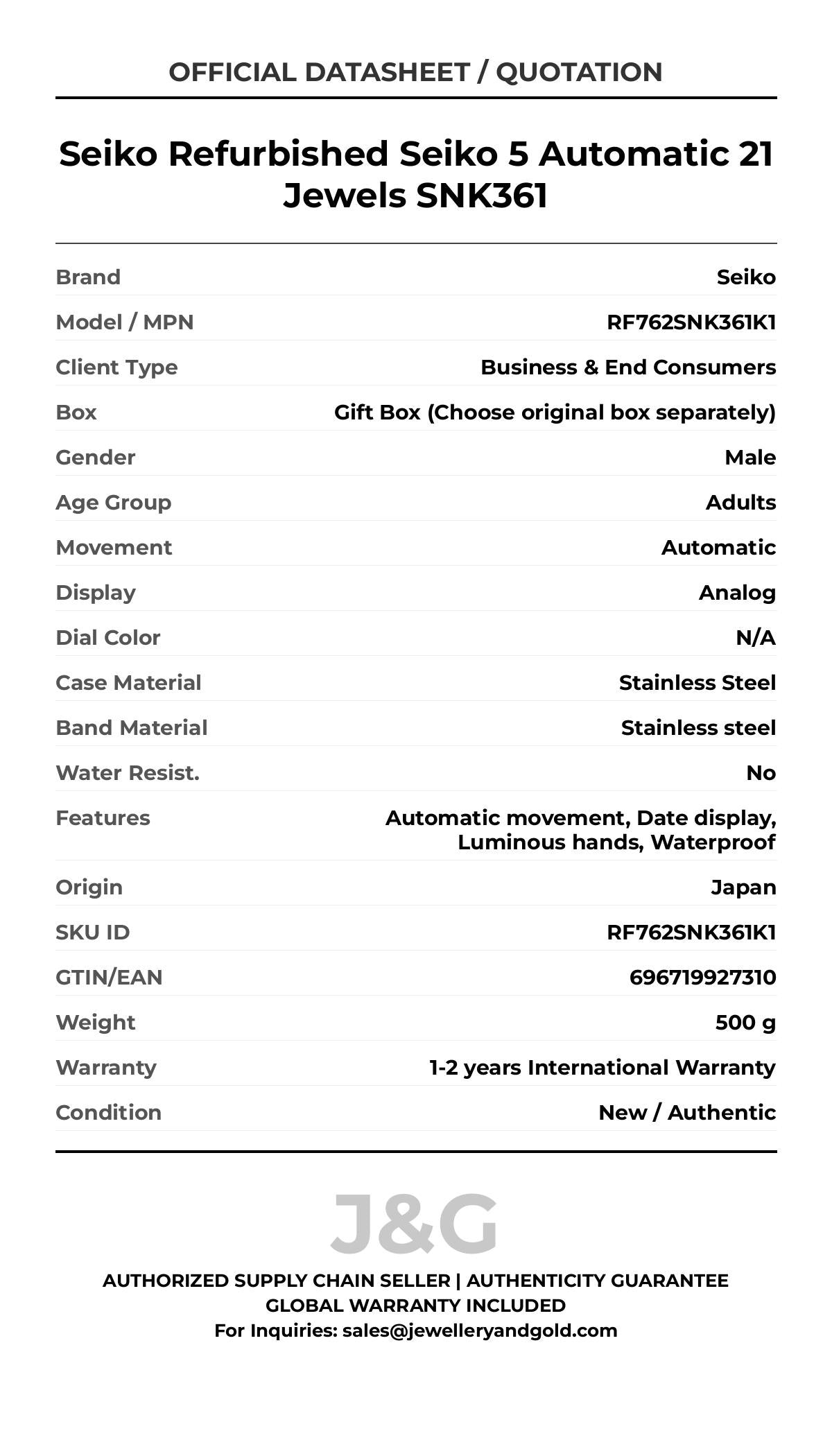 Seiko Refurbished Seiko 5 Automatic 21 Jewels SNK361. A brand-new Seiko watch featuring a N/A dial and a Stainless steel strap. Side view. - MAIN_PH