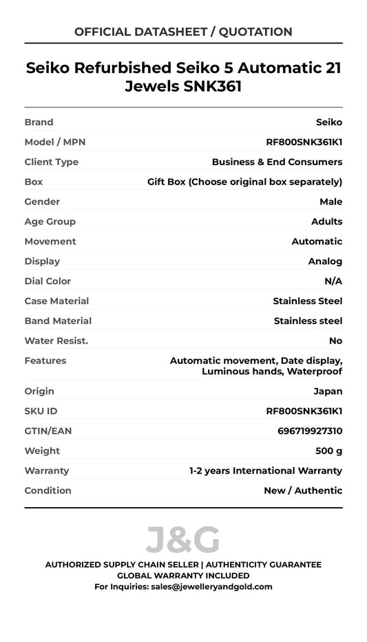 Seiko Refurbished Seiko 5 Automatic 21 Jewels SNK361. A brand-new Seiko watch featuring a N/A dial and a Stainless steel strap. Side view. - MAIN_PH