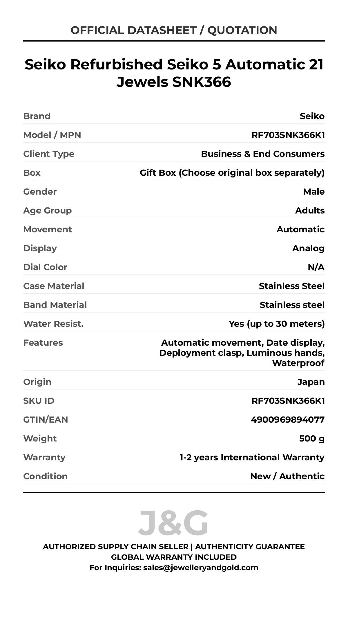 Seiko Refurbished Seiko 5 Automatic 21 Jewels SNK366. A brand-new Seiko watch featuring a N/A dial and a Stainless steel strap. Side view. - MAIN_PH
