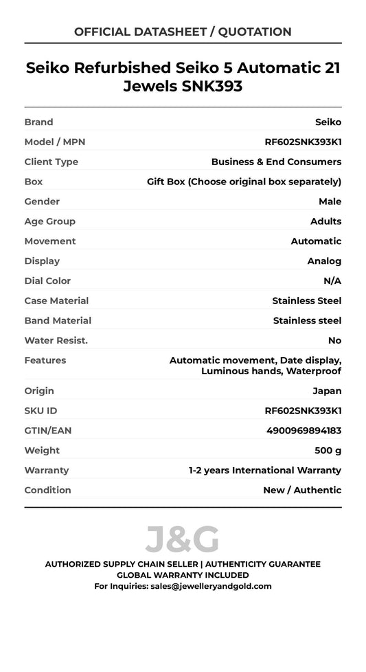 Seiko Refurbished Seiko 5 Automatic 21 Jewels SNK393. A brand-new Seiko watch featuring a N/A dial and a Stainless steel strap. Front view. - MAIN_PH