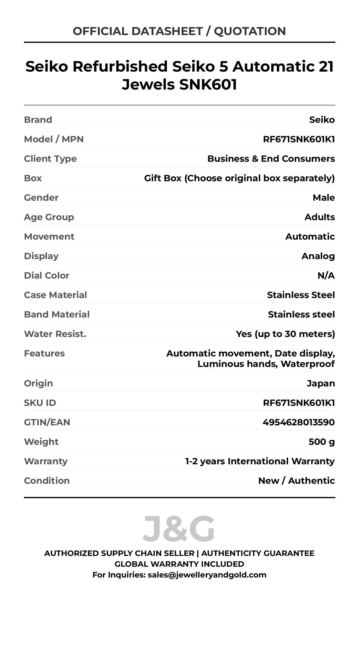 Seiko Refurbished Seiko 5 Automatic 21 Jewels SNK601. A brand-new Seiko watch featuring a N/A dial and a Stainless steel strap. Front view. - MAIN_PH