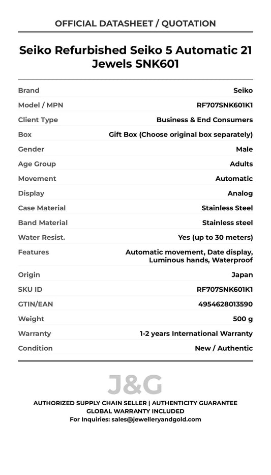 Seiko Refurbished Seiko 5 Automatic 21 Jewels SNK601. A brand-new Seiko watch featuring a Stainless steel strap. Front view. - MAIN_PH