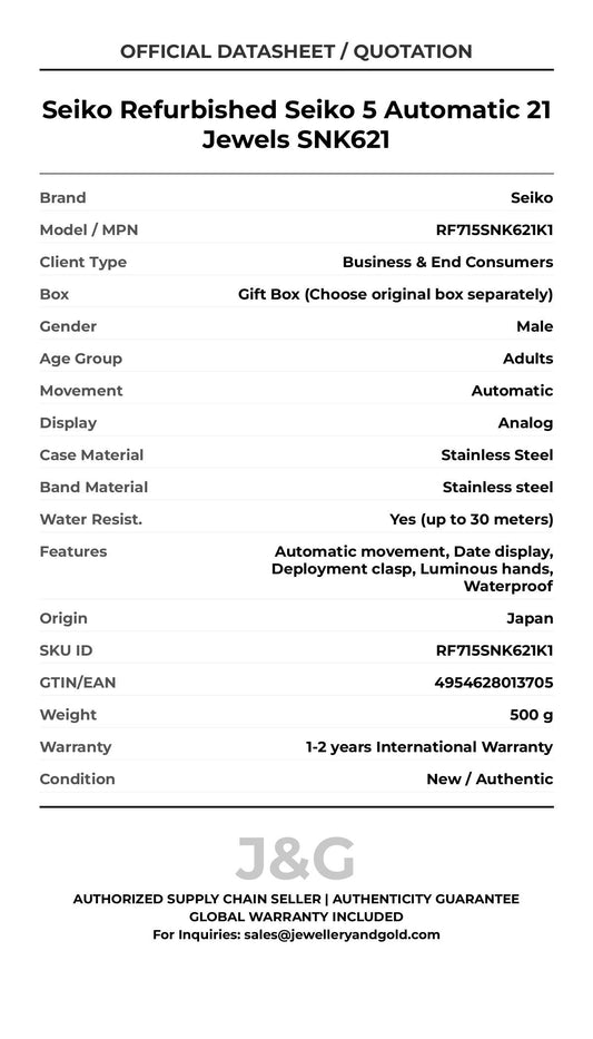 Seiko Refurbished Seiko 5 Automatic 21 Jewels SNK621. A brand-new Seiko watch featuring a Stainless steel strap. Angled view. - MAIN_PH