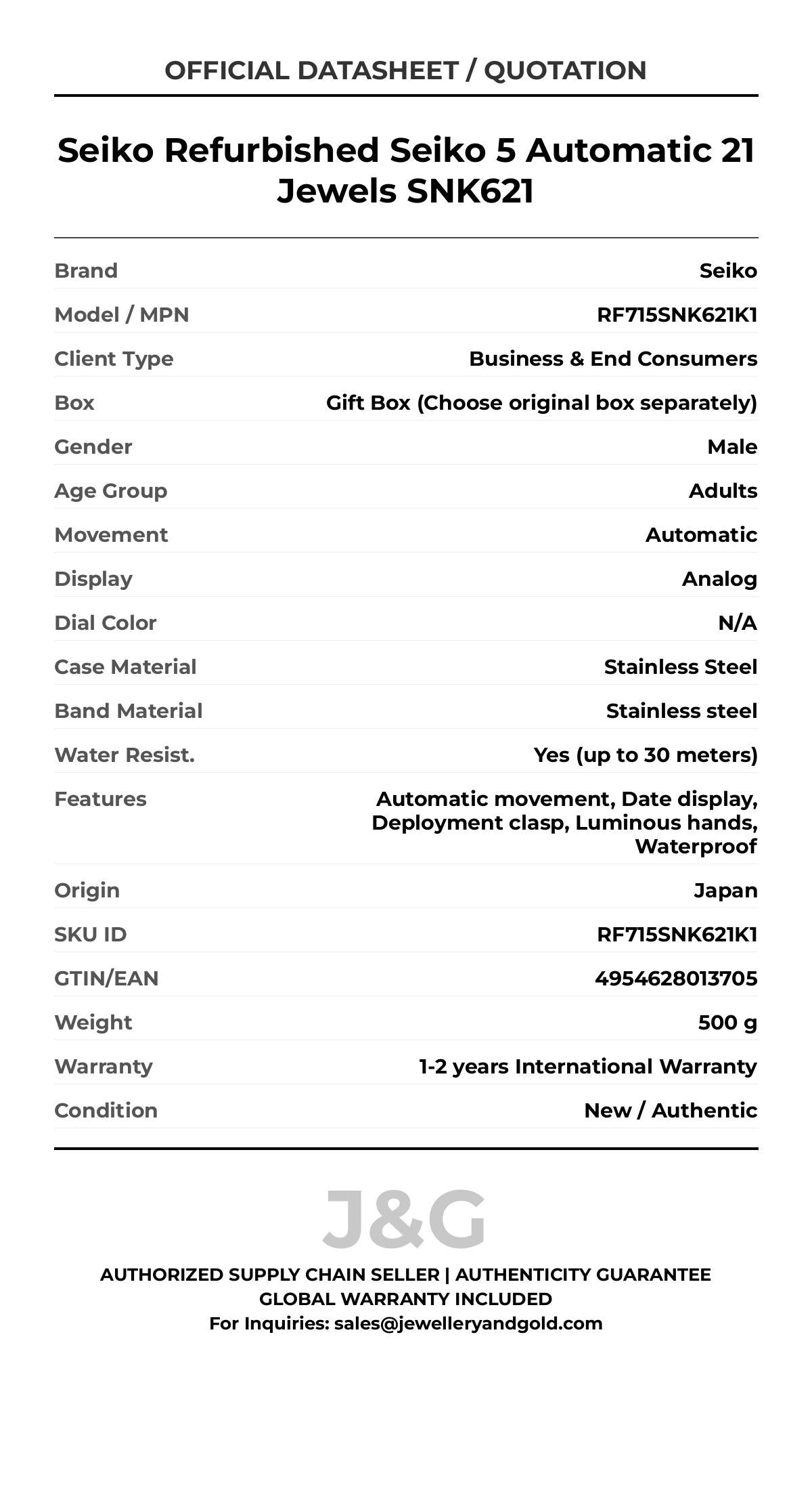 Seiko Refurbished Seiko 5 Automatic 21 Jewels SNK621. A brand-new Seiko watch featuring a N/A dial and a Stainless steel strap. Angled view. - MAIN_PH