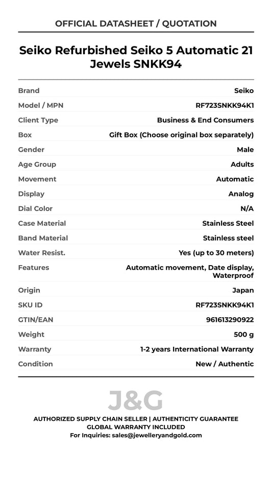 Seiko Refurbished Seiko 5 Automatic 21 Jewels SNKK94. A brand-new Seiko watch featuring a N/A dial and a Stainless steel strap. Angled view. - MAIN_PH