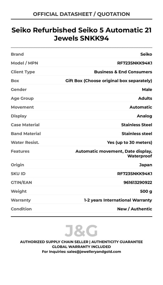 Seiko Refurbished Seiko 5 Automatic 21 Jewels SNKK94. A brand-new Seiko watch featuring a Stainless steel strap. Side view. - MAIN_PH
