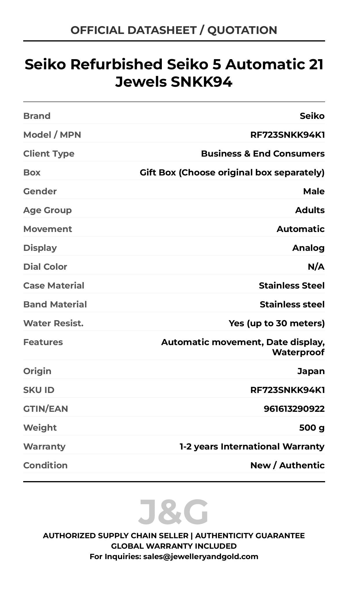 Seiko Refurbished Seiko 5 Automatic 21 Jewels SNKK94. A brand-new Seiko watch featuring a N/A dial and a Stainless steel strap. Angled view. - MAIN_PH