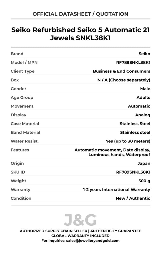 Seiko Refurbished Seiko 5 Automatic 21 Jewels SNKL38K1. A brand-new Seiko watch featuring a Stainless steel strap. Angled view. - MAIN_PH