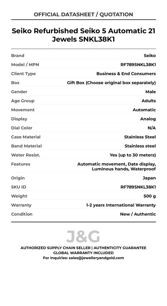 Seiko Refurbished Seiko 5 Automatic 21 Jewels SNKL38K1. A brand-new Seiko watch featuring a N/A dial and a Stainless steel strap. Front view. - MAIN_PH