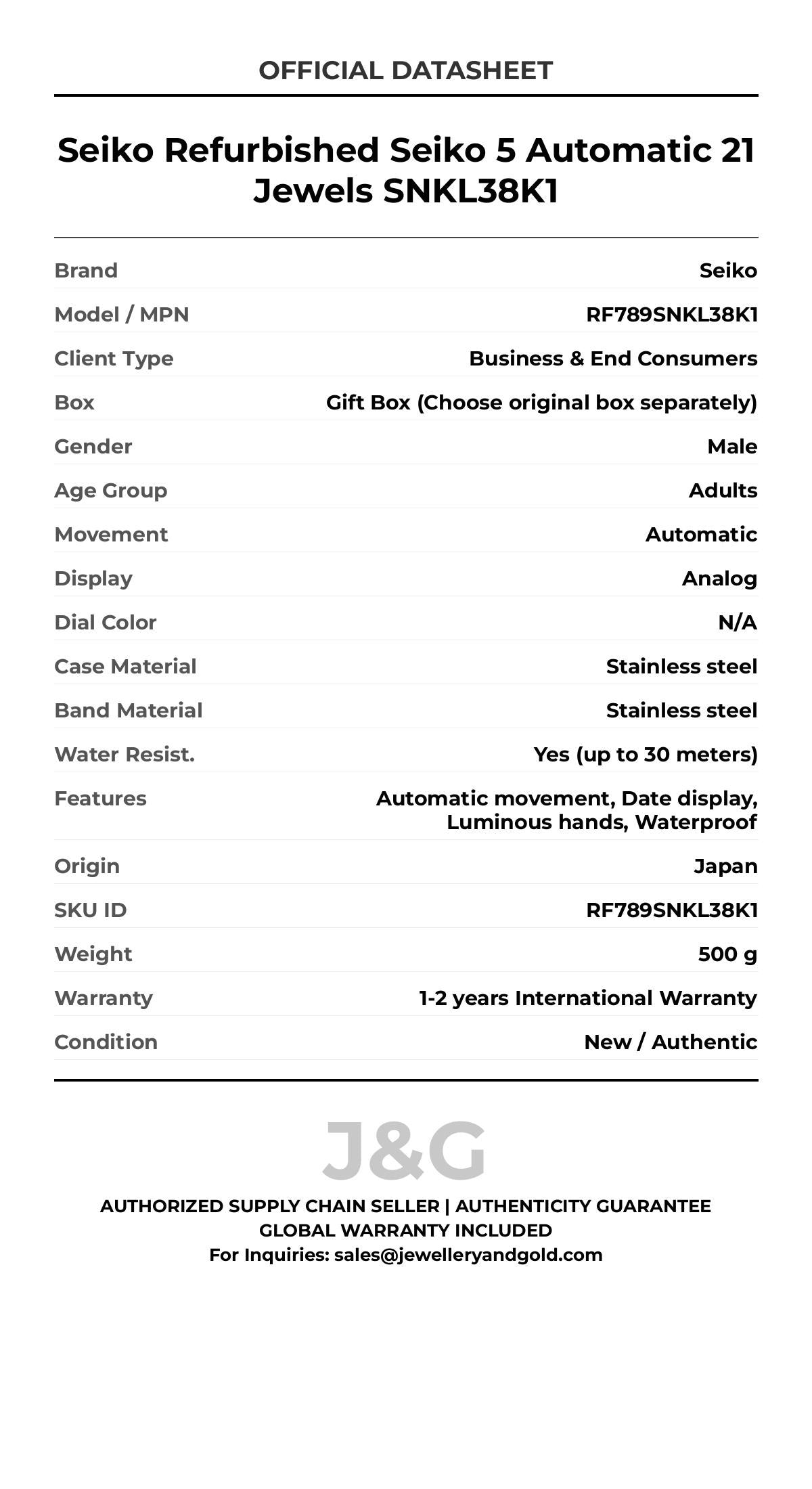 Seiko Refurbished Seiko 5 Automatic 21 Jewels SNKL38K1. A brand-new Seiko watch featuring a N/A dial and a Stainless steel strap. Front view. - MAIN_PH