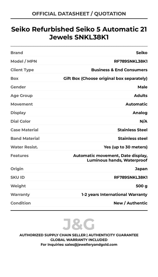 Seiko Refurbished Seiko 5 Automatic 21 Jewels SNKL38K1. A brand-new Seiko watch featuring a N/A dial and a Stainless steel strap. Angled view. - MAIN_PH