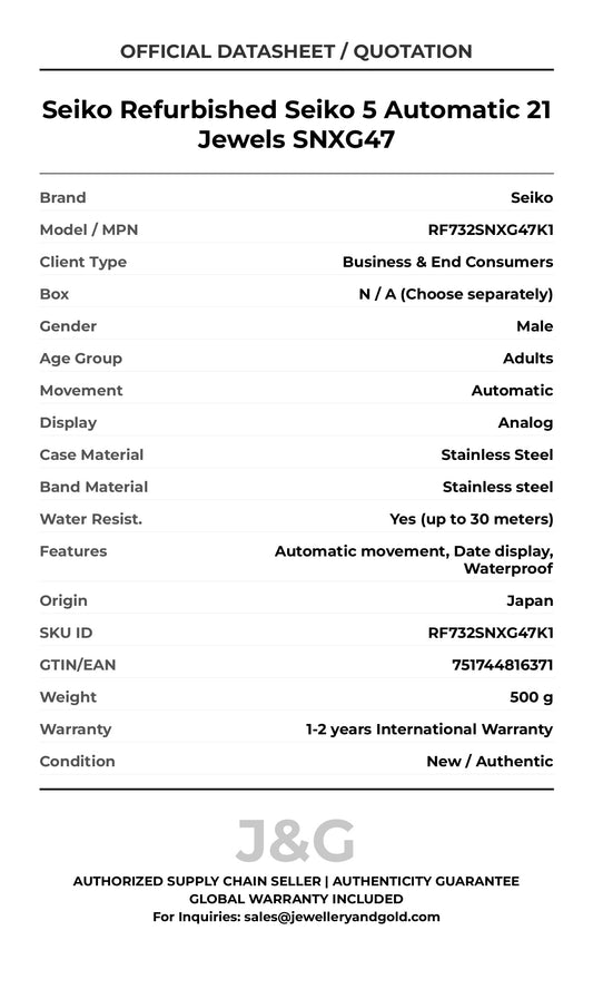 Seiko Refurbished Seiko 5 Automatic 21 Jewels SNXG47. A brand-new Seiko watch featuring a Stainless steel strap. Front view. - MAIN_PH