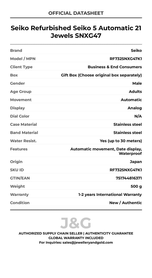 Seiko Refurbished Seiko 5 Automatic 21 Jewels SNXG47. A brand-new Seiko watch featuring a N/A dial and a Stainless steel strap. Side view. - MAIN_PH