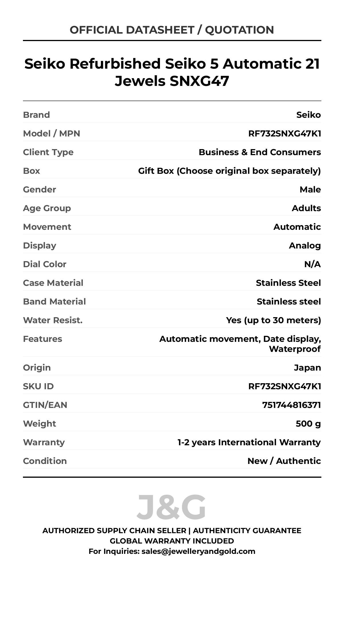 Seiko Refurbished Seiko 5 Automatic 21 Jewels SNXG47. A brand-new Seiko watch featuring a N/A dial and a Stainless steel strap. Side view. - MAIN_PH