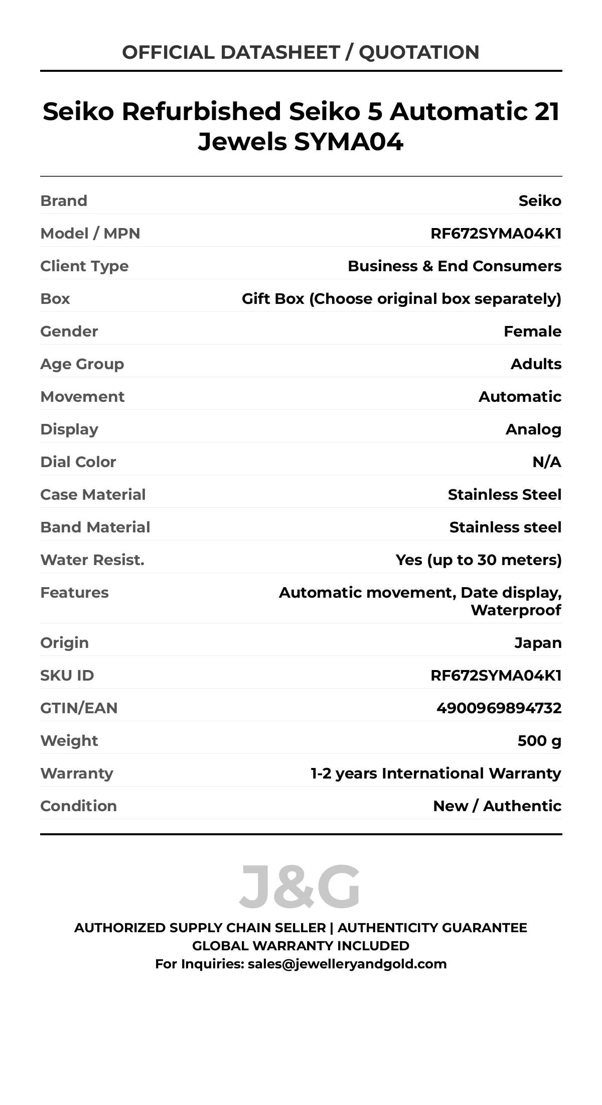 Seiko Refurbished Seiko 5 Automatic 21 Jewels SYMA04. A brand-new Seiko watch featuring a N/A dial and a Stainless steel strap. Angled view. - MAIN_PH