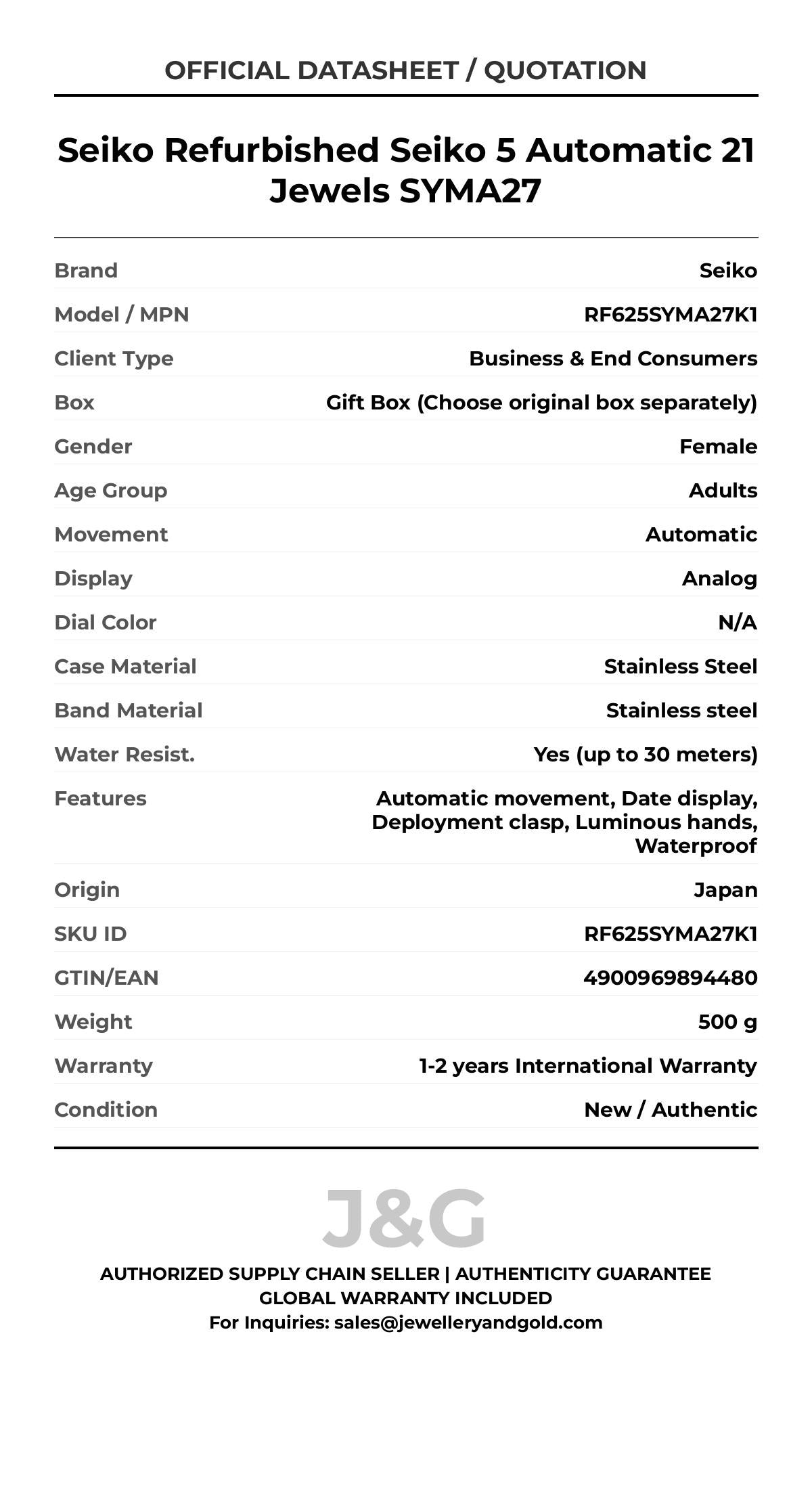 Seiko Refurbished Seiko 5 Automatic 21 Jewels SYMA27. A brand-new Seiko watch featuring a N/A dial and a Stainless steel strap. Side view. - MAIN_PH