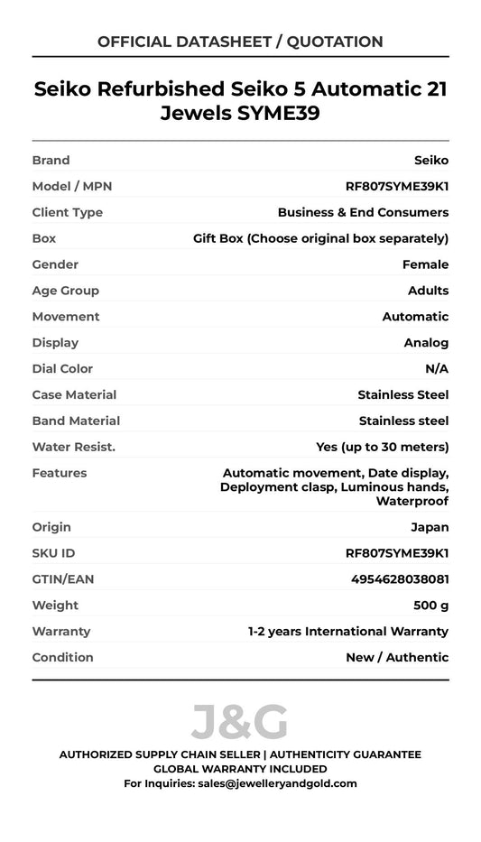 Seiko Refurbished Seiko 5 Automatic 21 Jewels SYME39. A brand-new Seiko watch featuring a N/A dial and a Stainless steel strap. Angled view. - MAIN_PH
