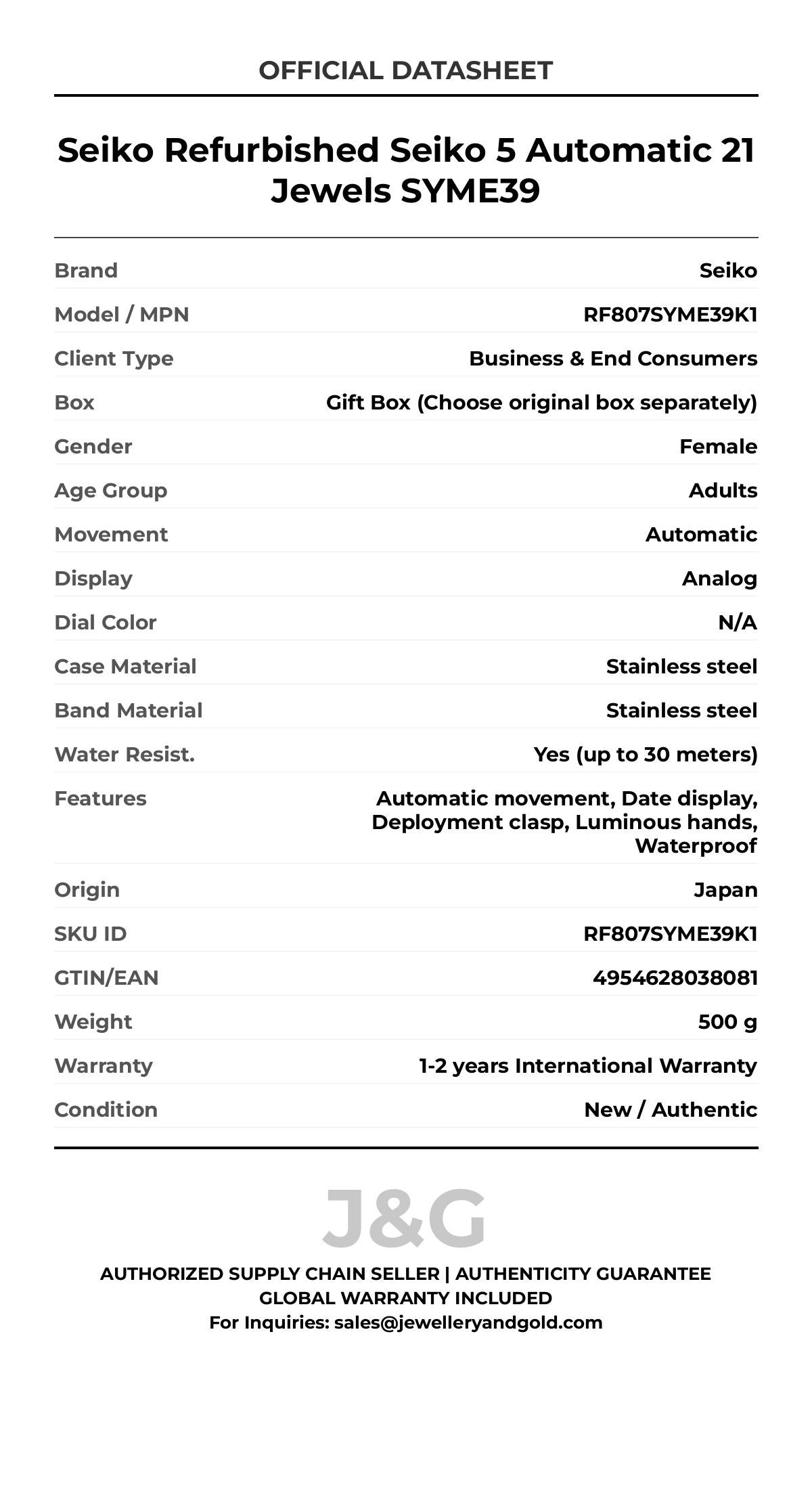 Seiko Refurbished Seiko 5 Automatic 21 Jewels SYME39. A brand-new Seiko watch featuring a N/A dial and a Stainless steel strap. Front view. - MAIN_PH