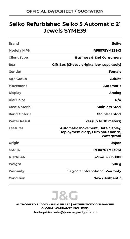 Seiko Refurbished Seiko 5 Automatic 21 Jewels SYME39. A brand-new Seiko watch featuring a N/A dial and a Stainless steel strap. Side view. - MAIN_PH